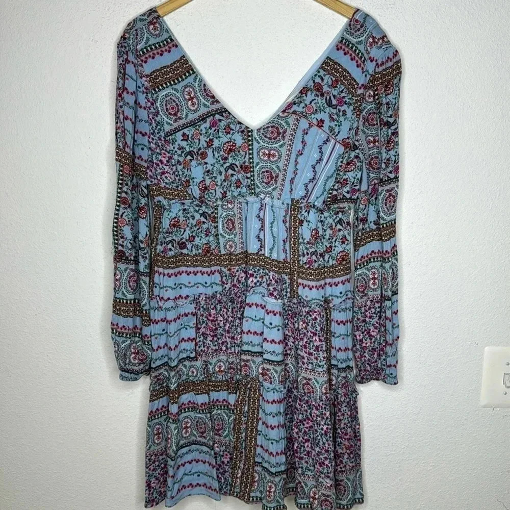 Altar’d State Boho Wide Sleeve Double V Neck Dress Blue Size Medium